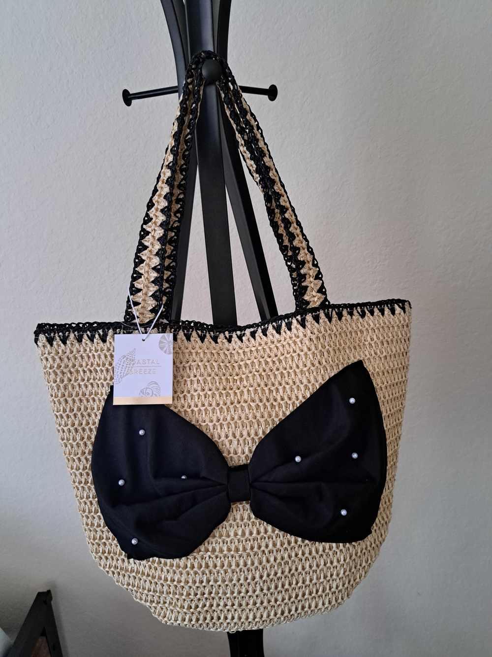 Women’s Cream Straw Tote with Black Bow - Picture 4 of 5